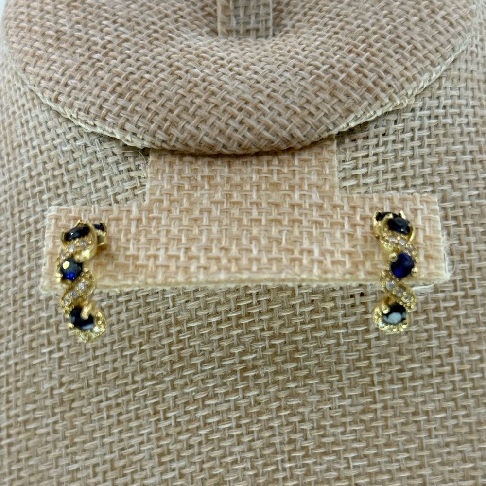 White CZ and Blue CZ 14K Gold Plated Sterling Earrings